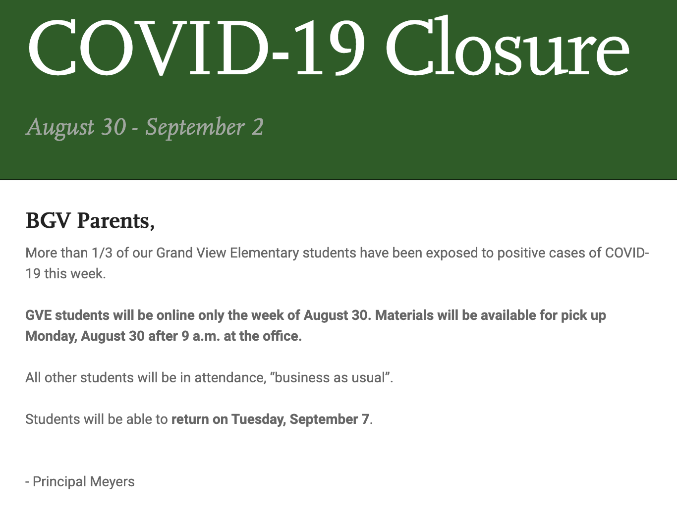 COVID Closure Email